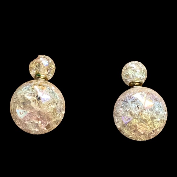 Iridescent Cracked Double Sided Glass Ball Earrings Colorful Women’s Jewelry - Picture 3 of 4